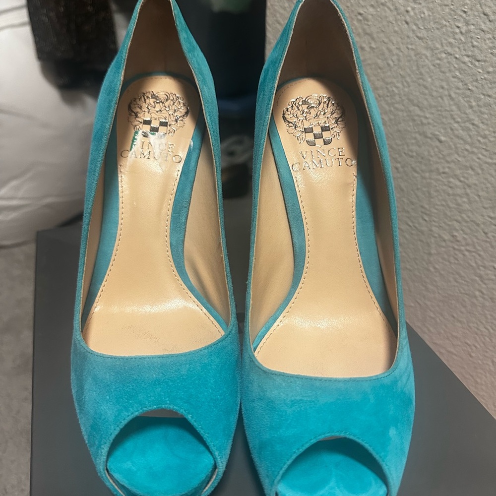 Vince Camuto Blue Suede Peep-Toe Heels